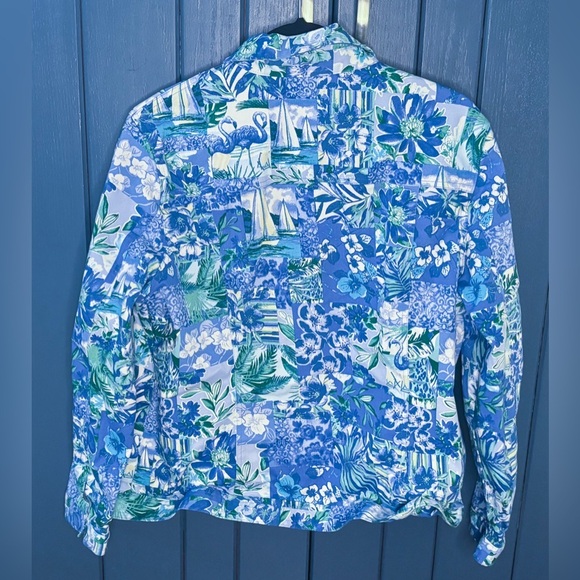 Womens Blue Green Floral Hawaiian Jacket XL Coastal Grandma Core Lagenlook - Picture 2 of 3